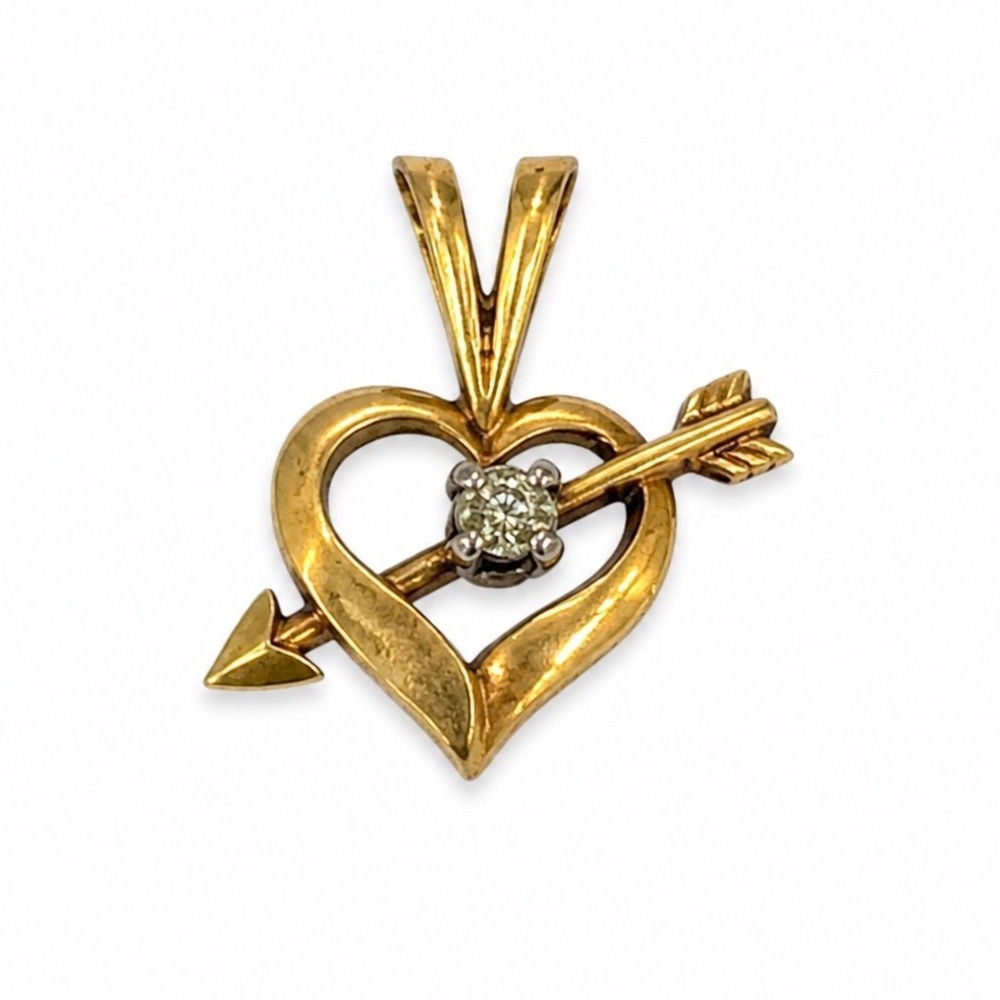 Vintage Gold Filled Heart & Arrow Pendant With Clear Stone Tiny Charm